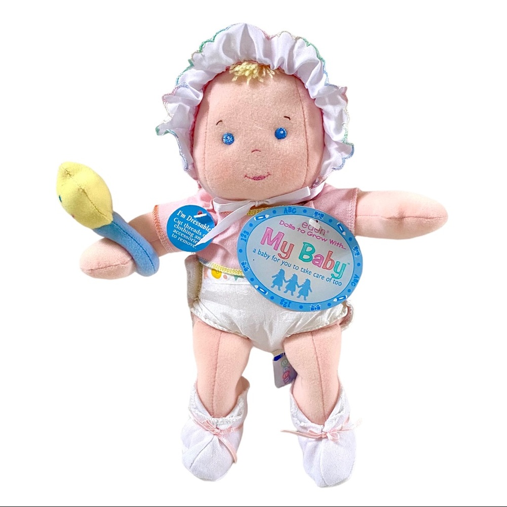 VINTAGE EDEN DRESSABLE PLUSH CLOTH BABY DOLL, SHIRT DIAPER BONNET RATTLE 11” NWT